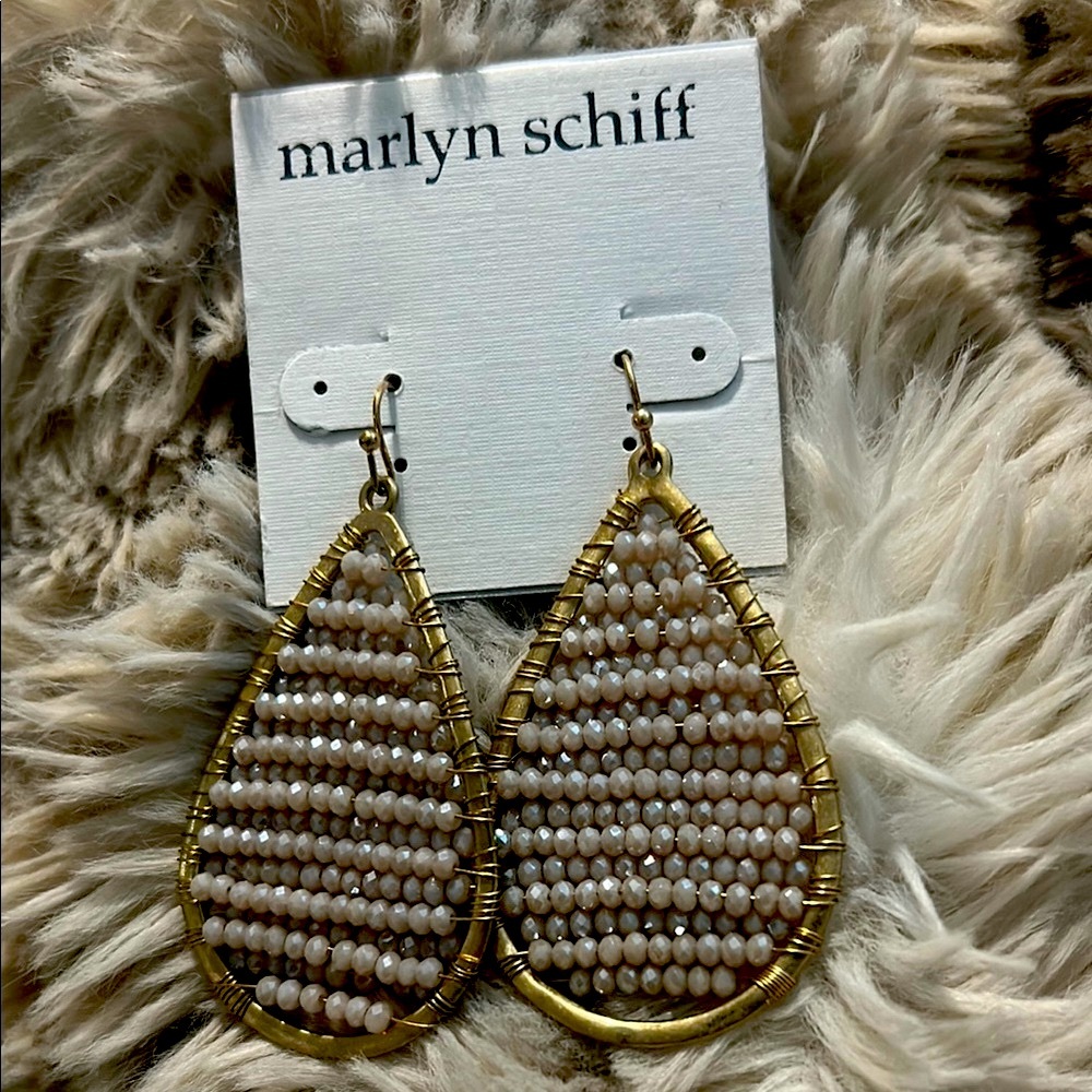 Marlyn Schiff Gold and Cream Beaded Teardrop Earrings